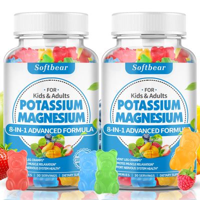 softbear Sugar Free Potassium Magnesium Gummies for Adults Kids, High Absorption Potassium Supplement Gummies Supports Leg Cramps Muscle Immune Health, Delicious Mixed Fruit Flavor 120 Count