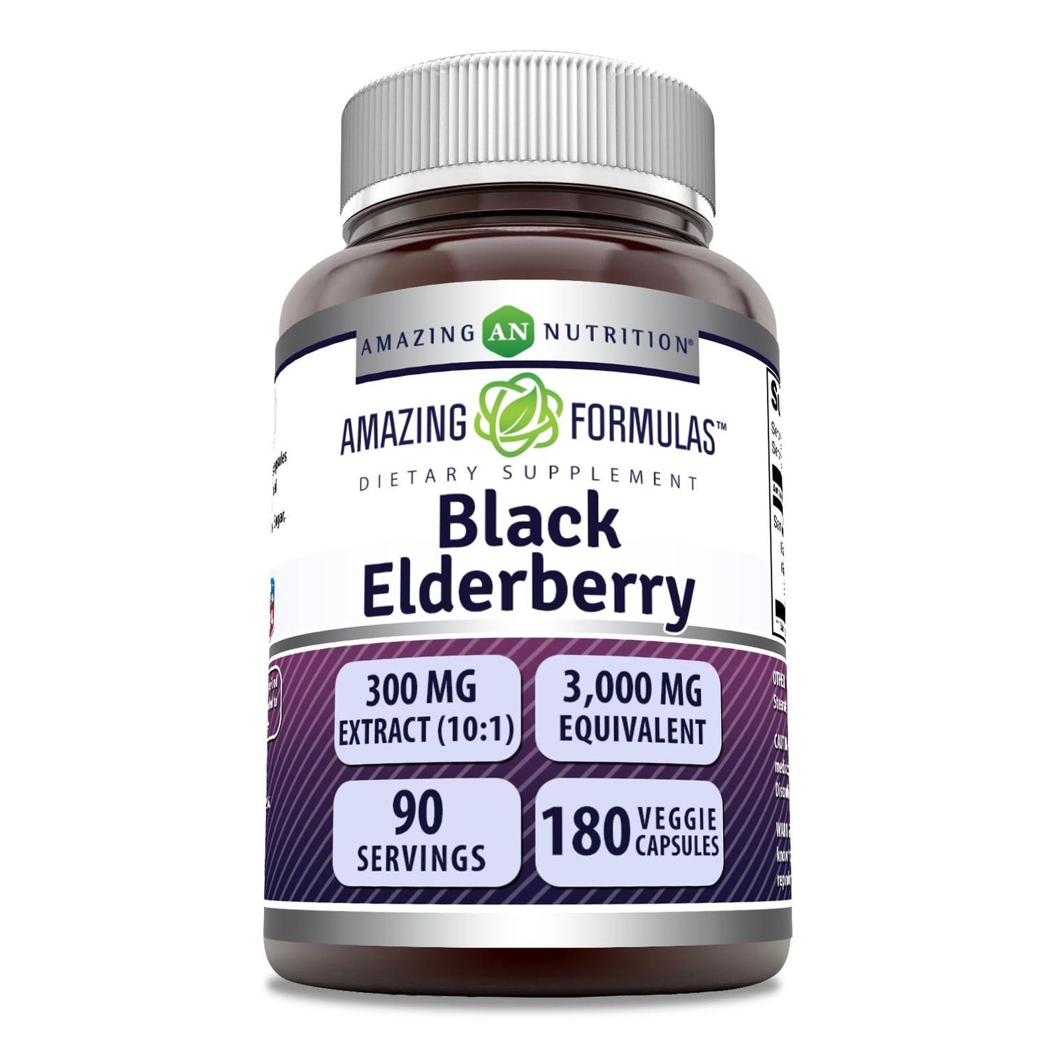 Amazing Formulas Sambucus Black Elderberry 300 Mg Extract (10:1) Per Serving Veggie Capsules Supplement Non-GMO Gluten Free Made in USA (1 Pack, 180 Count)