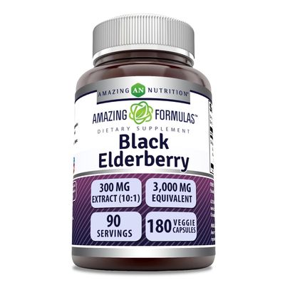 Amazing Formulas Sambucus Black Elderberry 300 Mg Extract (10:1) Per Serving Veggie Capsules Supplement Non-GMO Gluten Free Made in USA (1 Pack, 180 Count)