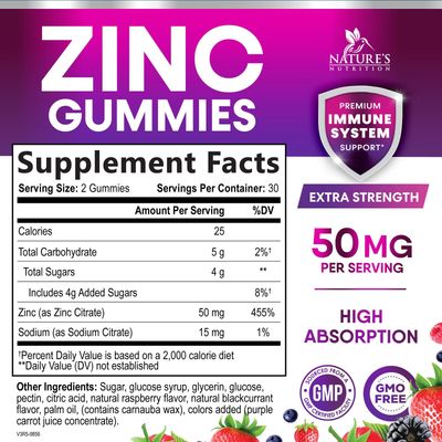 Zinc Gummies 50mg - Bone Skin Immune Support Health Gummy Premium Antioxidant Chewable for Adults - High Absorption Vegan, Gluten Free Zinc Supplements Vitamin - Tasty Berry Flavor - 60 Gummies