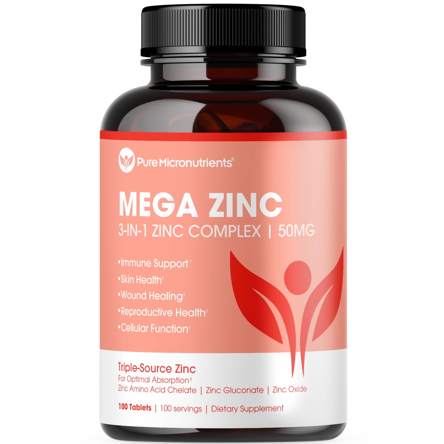 Mega Zinc Supplement, 50mg, 3-in-1 Zinc Complex, 100 Tablets - Pure Micronutrients