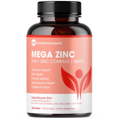 Mega Zinc Supplement, 50mg, 3-in-1 Zinc Complex, 100 Tablets - Pure Micronutrients
