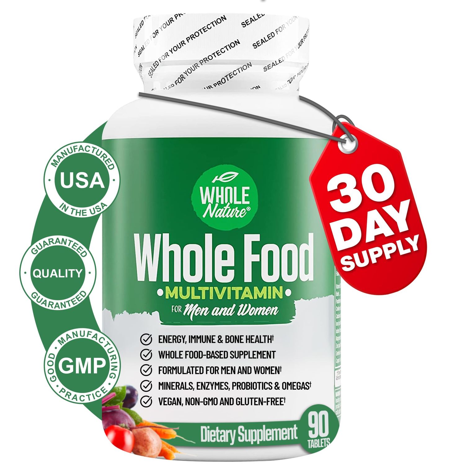 Whole Nature Whole Food Multivitamin for Men and Women Complete Daily Superfood Vitamins Plus Minerals Digestive Enzymes, Probiotics and Omegas. Plant Based Multi Vitamin, Non GMO (1)