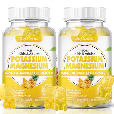 softbear Potassium Gummies for Adults, Sugar-Free Potassium Magnesium Supplement with Vitamin B6 CoQ10 for Muscle Cramps Vegan Pineapple Flavor 120 Gummies