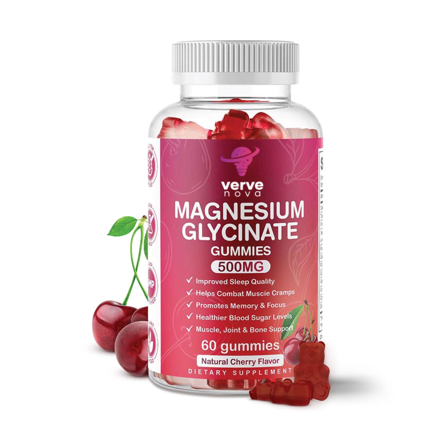 vervenova Magnesium Glycinate Gummies 500mg Magnesium Glycinate Supplements for Relaxation, Stress Relief, and Sleep for Adults - 60 Gummies (Cherry)