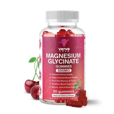 vervenova Magnesium Glycinate Gummies 500mg Magnesium Glycinate Supplements for Relaxation, Stress Relief, and Sleep for Adults - 60 Gummies (Cherry)