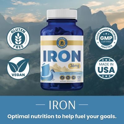 Vykee Nutrition Iron Supplement - 36mg Iron (as Bisglycinate) High Absorption, Gentle On Stomachs Vegan, Non-GMO Supports Energy, Immune Health Red Blood Cell Formation 120 Capsules