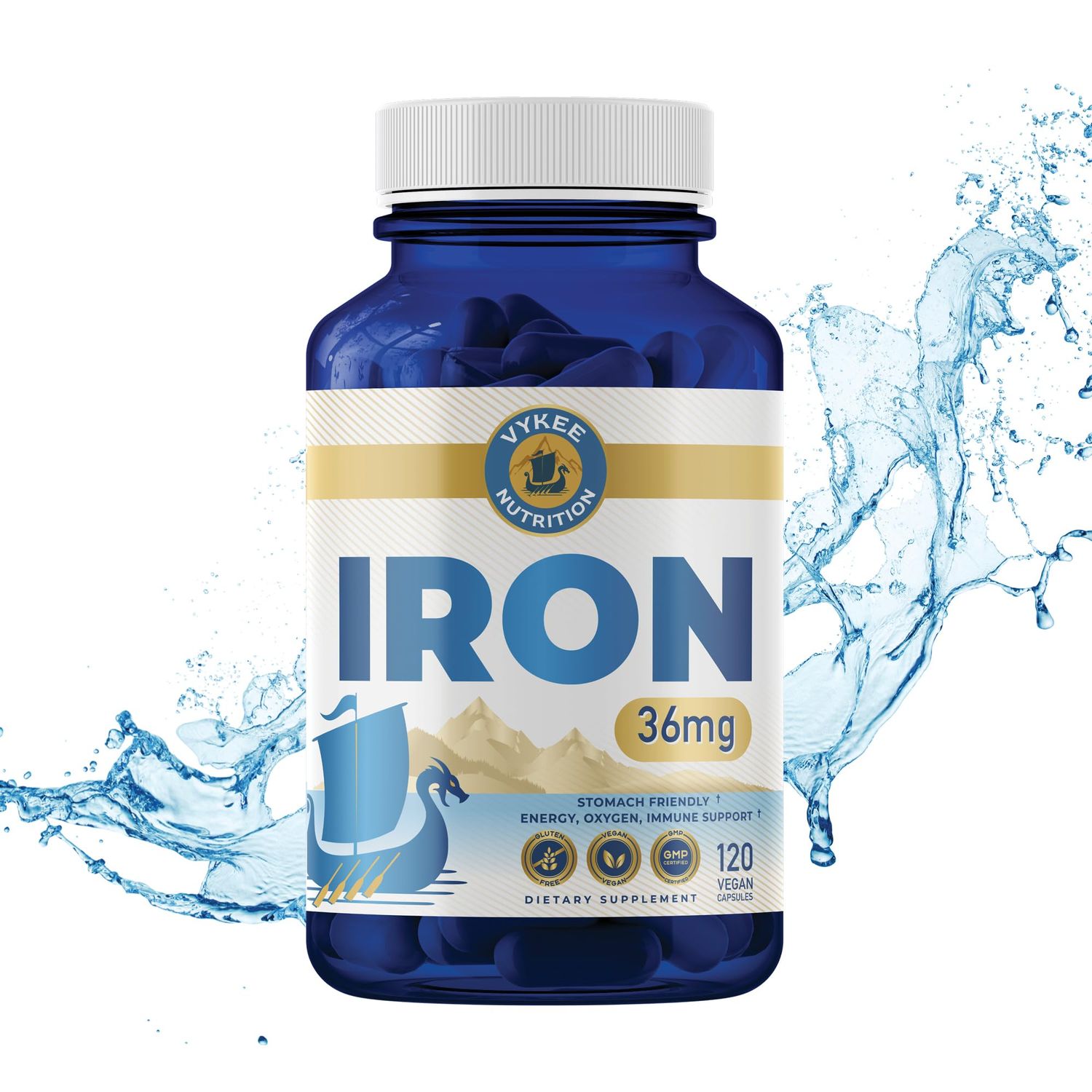 Vykee Nutrition Iron Supplement - 36mg Iron (as Bisglycinate) High Absorption, Gentle On Stomachs Vegan, Non-GMO Supports Energy, Immune Health Red Blood Cell Formation 120 Capsules
