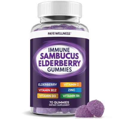 Elderberry Gummies Immune Support, Daily Support for Kids and Adults, with Sambucus Elderberry, Zinc, Vitamin C, D3, B6, B12, Plus - Dietary Supplement - 70 Count