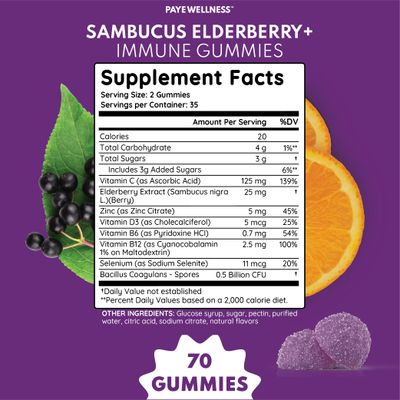 Elderberry Gummies Immune Support, Daily Support for Kids and Adults, with Sambucus Elderberry, Zinc, Vitamin C, D3, B6, B12, Plus - Dietary Supplement - 70 Count