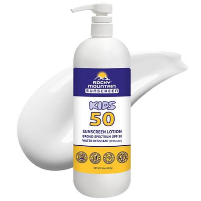 Rocky Mountain Sunscreen SPF 50 Lotion for Kids Broad Spectrum UVAUVB Protection Hawaii 104 Reef Act Compliant (Oxybenzone Octinoxate Free) Water Resistant 80 Min. Quart With Pump (32 Fl Oz)