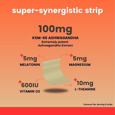 365veda Ashwagandha Oral Strips 100 mg KSM 66 Ashwagandha, L-Theanine, Melatonin, Vitamin D2 and Magnesium, Vegan Strips for Men and Women, Sugar-Free, Non-GMO, 30 Oral Strips (Berry)