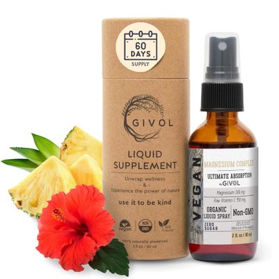 GIVOL Tri Magnesium Complex - Magnesium Biglycinate, Citrate Taurate Liquid Spray 300mg wRaw Vitamin C for Promoting Serenity, Body Decompression - Hibiscus Pineapple Flavor 60ml (2oz)