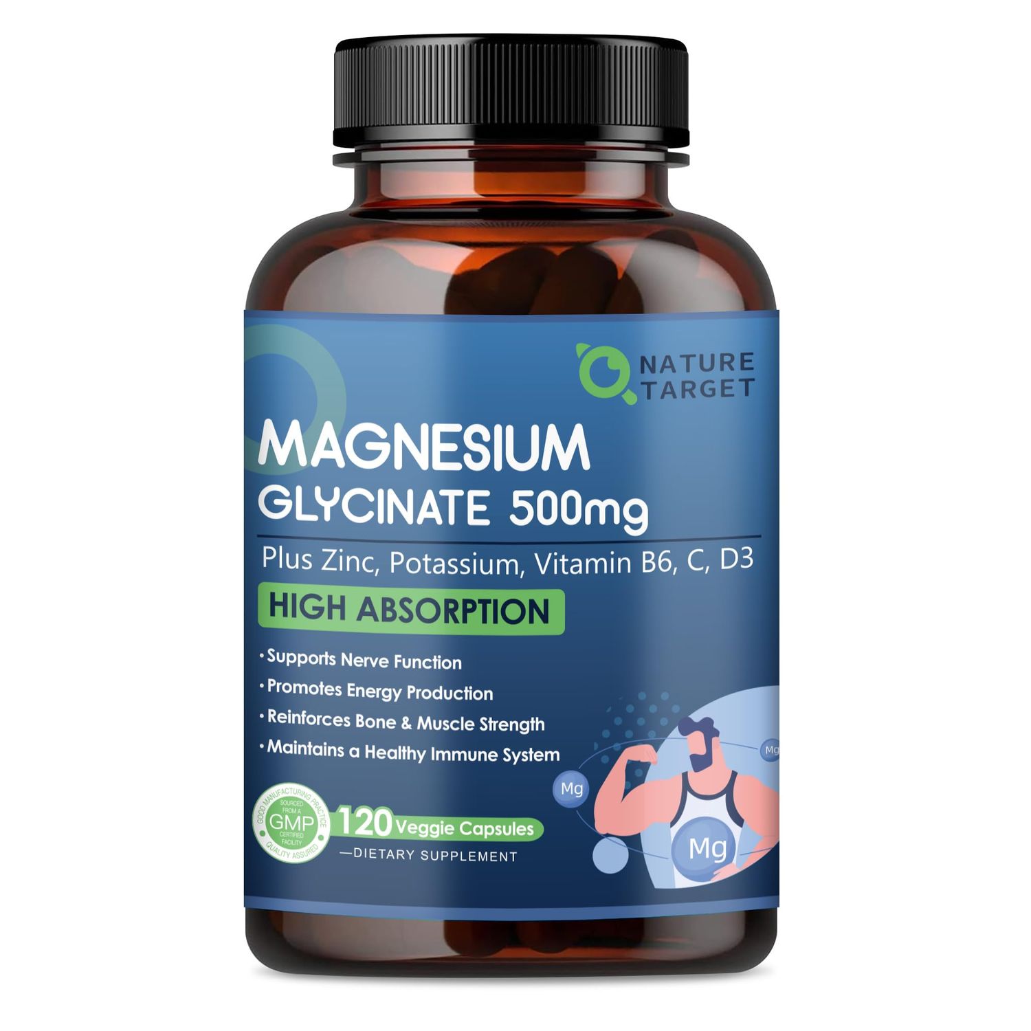 NATURE TARGET Magnesium Glycinate 500mg, Chelated Magnesium with Zinc Vitamin D3 for Muscle, Nerve Bone, Support Heart Health Leg Cramp, Strength Immune System - 120 Capsules