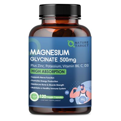 NATURE TARGET Magnesium Glycinate 500mg, Chelated Magnesium with Zinc Vitamin D3 for Muscle, Nerve Bone, Support Heart Health Leg Cramp, Strength Immune System - 120 Capsules