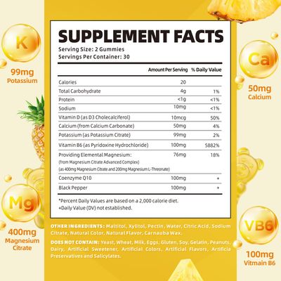 softbear Potassium Gummies for Adults, Sugar-Free Potassium Magnesium Supplement with Vitamin B6 CoQ10 for Muscle Cramps Vegan Pineapple Flavor 120 Gummies