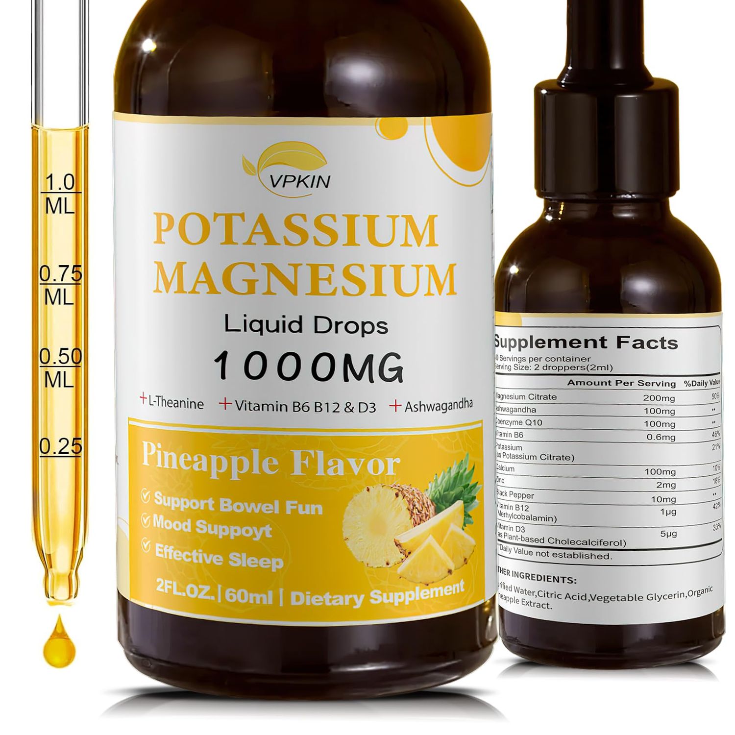 Potassium Magnesium Citrate Supplement,Magnesium Liquid Drops 1000mg with Magnesium Glycinate, Support Calm Bone Muscle Immune Health (Pineapple,2 FL.OZ.)