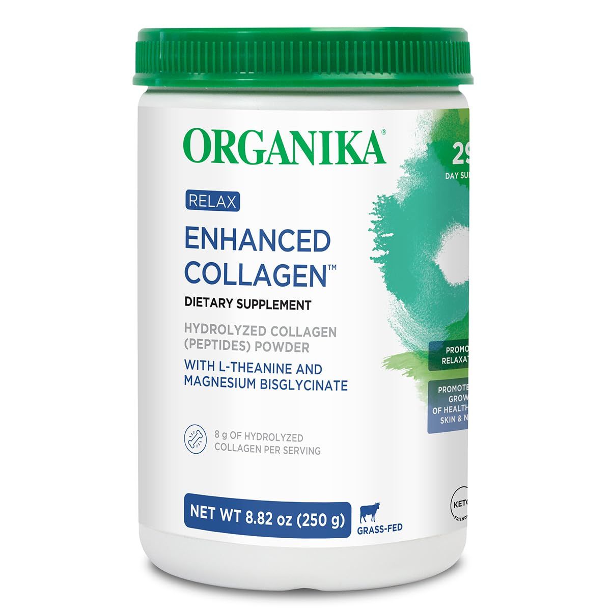Organika Enhanced Relax Collagen Peptides Powder with L-Theanine Magnesium Bisglycinate (8.82 oz - 250 g): Enriched Collagen Powder for Women Men - Skin, Hair, Joints - Sleep, Vitality, Relaxation