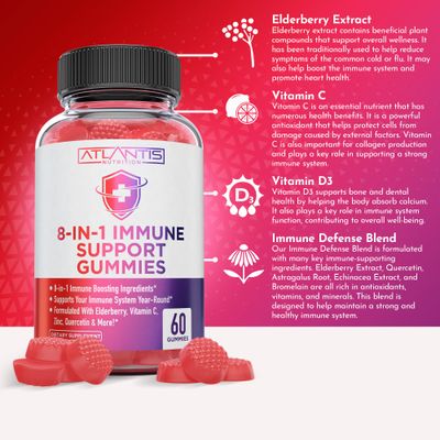 Atlantis Nutrition 8-in-1 Immune Support Gummies with Elderberry Immune Supplement with Elderberry, Quercetin, Zinc, Vitamin C - Immunity Boosters for Adults Kids - Delicious Flavor - 60 Count