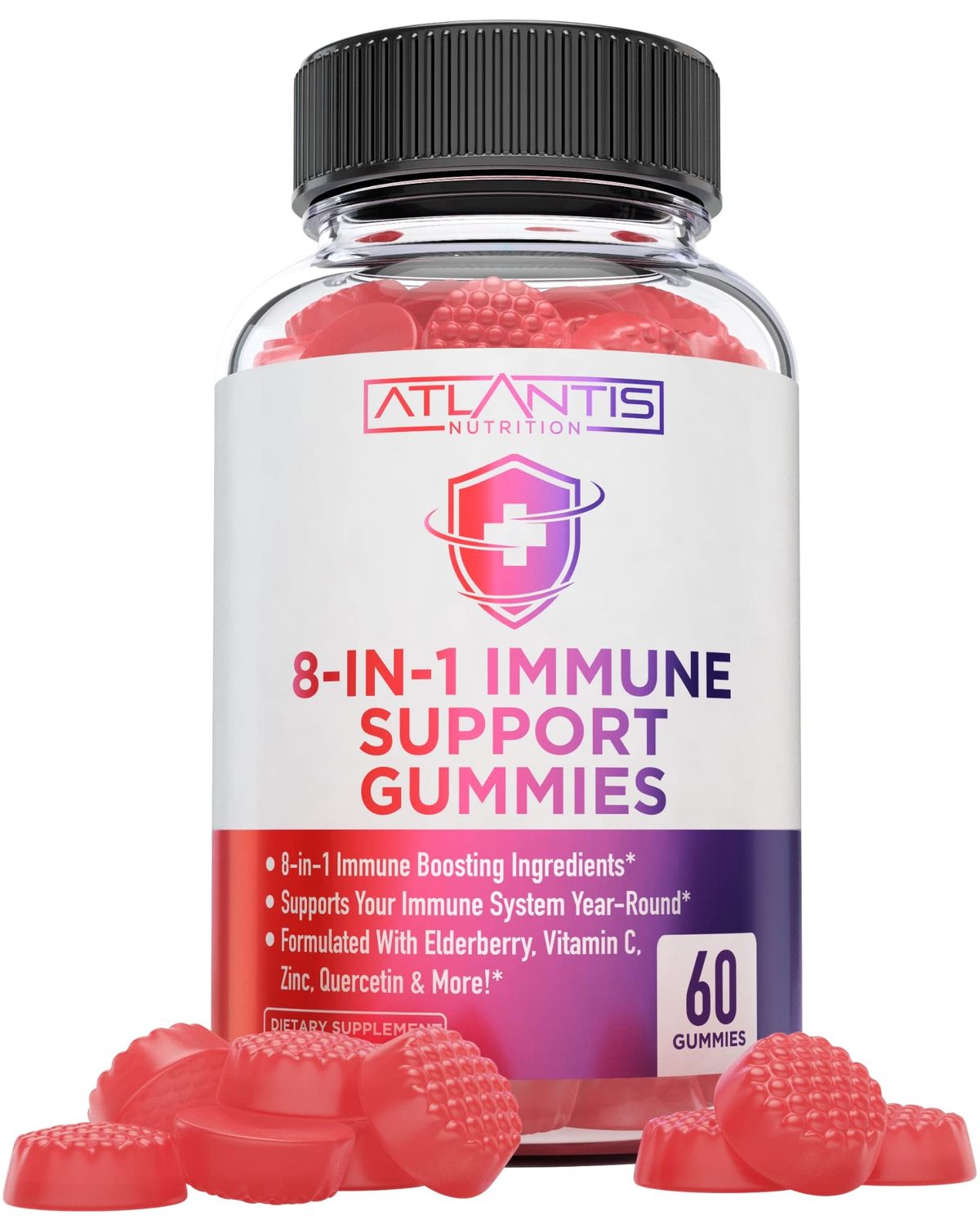 Atlantis Nutrition 8-in-1 Immune Support Gummies with Elderberry Immune Supplement with Elderberry, Quercetin, Zinc, Vitamin C - Immunity Boosters for Adults Kids - Delicious Flavor - 60 Count