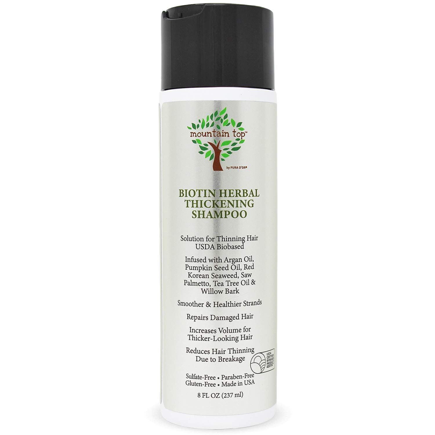 MOUNTAIN TOP Biotin Herbal Thickening Shampoo (8oz 273ml) with Argan Oil, Pumpkin Seed Oil, Red Korean Seaweed, Saw Palmetto, Tea Tree Oil Willow Bark, Sulfate Free, All Hair Types, Men and Women