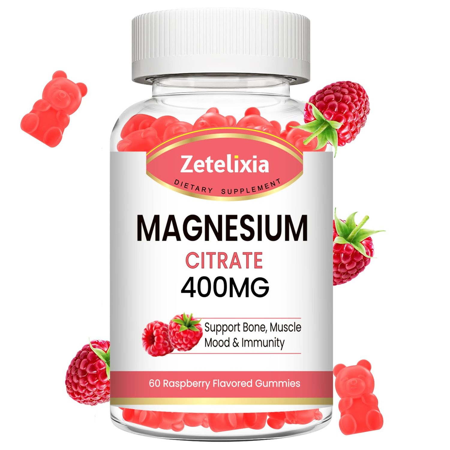 Magnesium Citrate Gummies, High Absorption Magnesium Gummies for Adults, Muscle Teeth Support, 60 Vegan Natural Raspberry Gummies