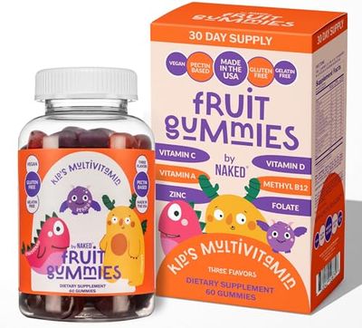 NAKED Nutrition Kids Vitamin Gummies, Made in USA, GMO Free, Gluten-Free, Gelatin Free, Vegan, Kids Vitamins A, C, D, E, B6, B12, Zinc, 3 Fruit Flavors, 30 Day Supply