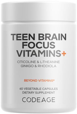 Codeage Teen Brain Focus Vitamins Citicoline Cognizin, L-Theanine, Ginkgo, Rhodiola, Lavender, Magnesium, Vitamin B6, B12, Folate - 2-Month Supply - 12-18 Years - Liposomal Supplement - 60 Capsules