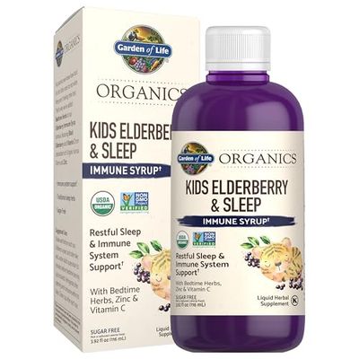 Garden of Life Organics Elderberry Immune Support for Kids with Zinc, Vitamin C - Kids Elderberry Sleep Immune Syrup Liquid, Bedtime Herbs for Children, No Alcohol, No Added Sugar, 3.92 fl oz
