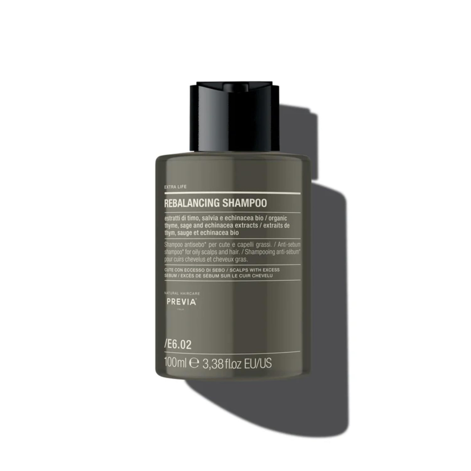 PREVIA Extralife Rebalancing Shampoo Anti-Sebum Formula for Oily Hair and Scalp Organic Ingredients Vegan and Cruelty-Free Dermatologically Tested 3.38 oz