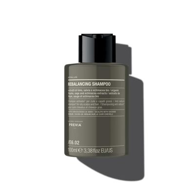 PREVIA Extralife Rebalancing Shampoo Anti-Sebum Formula for Oily Hair and Scalp Organic Ingredients Vegan and Cruelty-Free Dermatologically Tested 3.38 oz