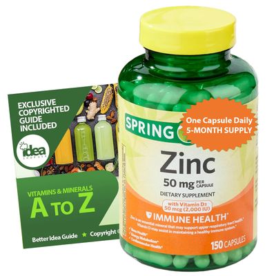 Spring Valley Zinc 50mg with Vitamin D 50mcg - Immune Support Supplement - Gluten-Free, No Artificial Additives, 150 Capsules Bundle with Vitamins Minerals - A to Z - Better Idea Guide