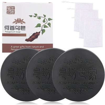 Black Thick Hair Fallopia Multiflora Shampoo Bar,Polygonum Soap with Foaming Net,He Shou Wu Extract Shampoo,Deeply Cleanses Hair Scalp,Organic Moisturizes Repairs Hair Damage (3pcs)