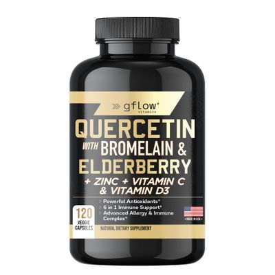 gflow vitamins Quercetin with Vitamin C and Zinc - 500mg - Quercetin with Bromelain - Zinc Quercetin - 120 Veggie Caps - Elderberry with zinc and Vitamin c for Adults (Non-GMO, Vegan) 2 Months Supply