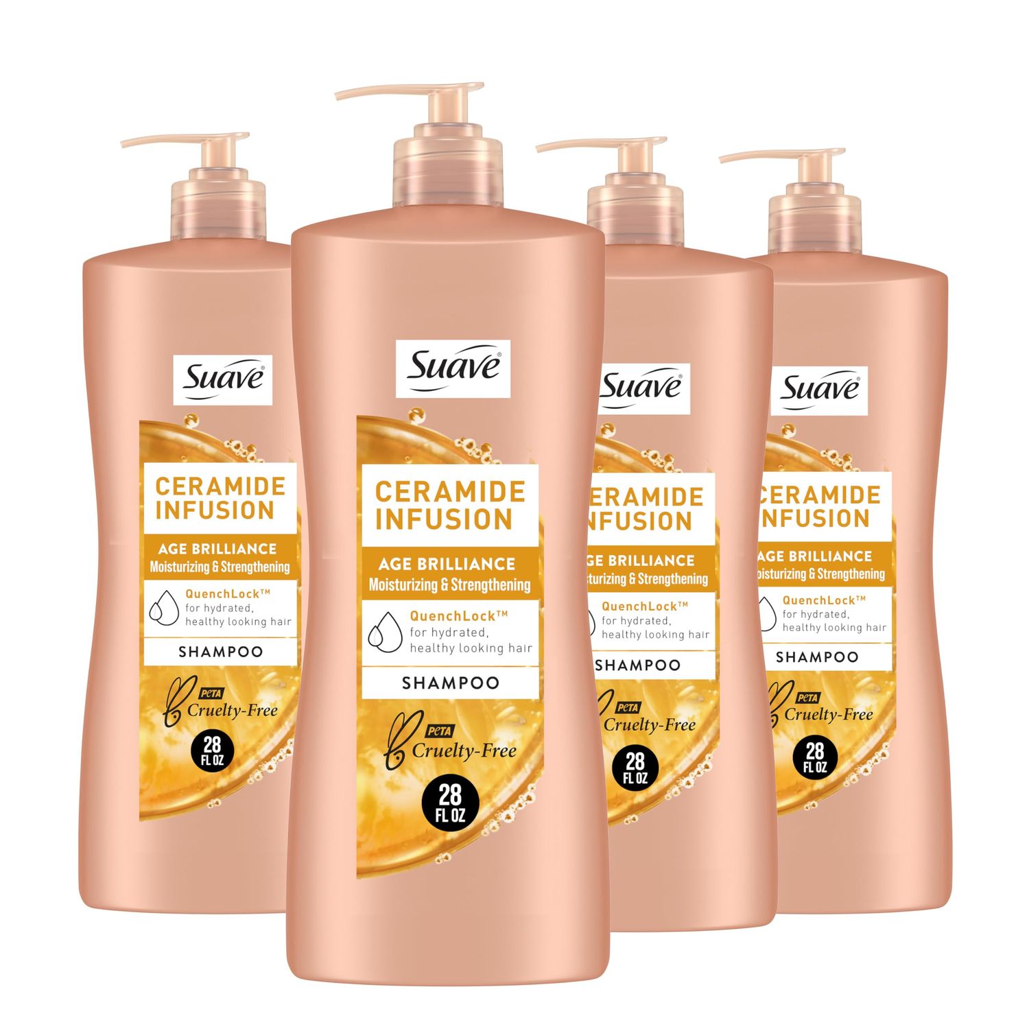 Suave Ceramide Age Brilliance Shampoo, moisturizing and strengthening pH balanced shampoo for women, anti-frizz hair products, anti-breakage treatment, 28 Oz (Pack of 4)
