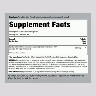 Piping Rock Elderberry Capsules 2000 mg 180 Pills Sambucus Herbal Extract Supplement Concentrated Extract Non-GMO, Gluten Free