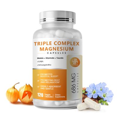 Triple Magnesium Complex - Magnesium Glycinate, Taurate Malate Supplement with Omega3, Ashwagandha, GABA, for Sleep, Muscle, Brain Heart Support - High Absorption and Gentle, Vegan, 120 Capsules