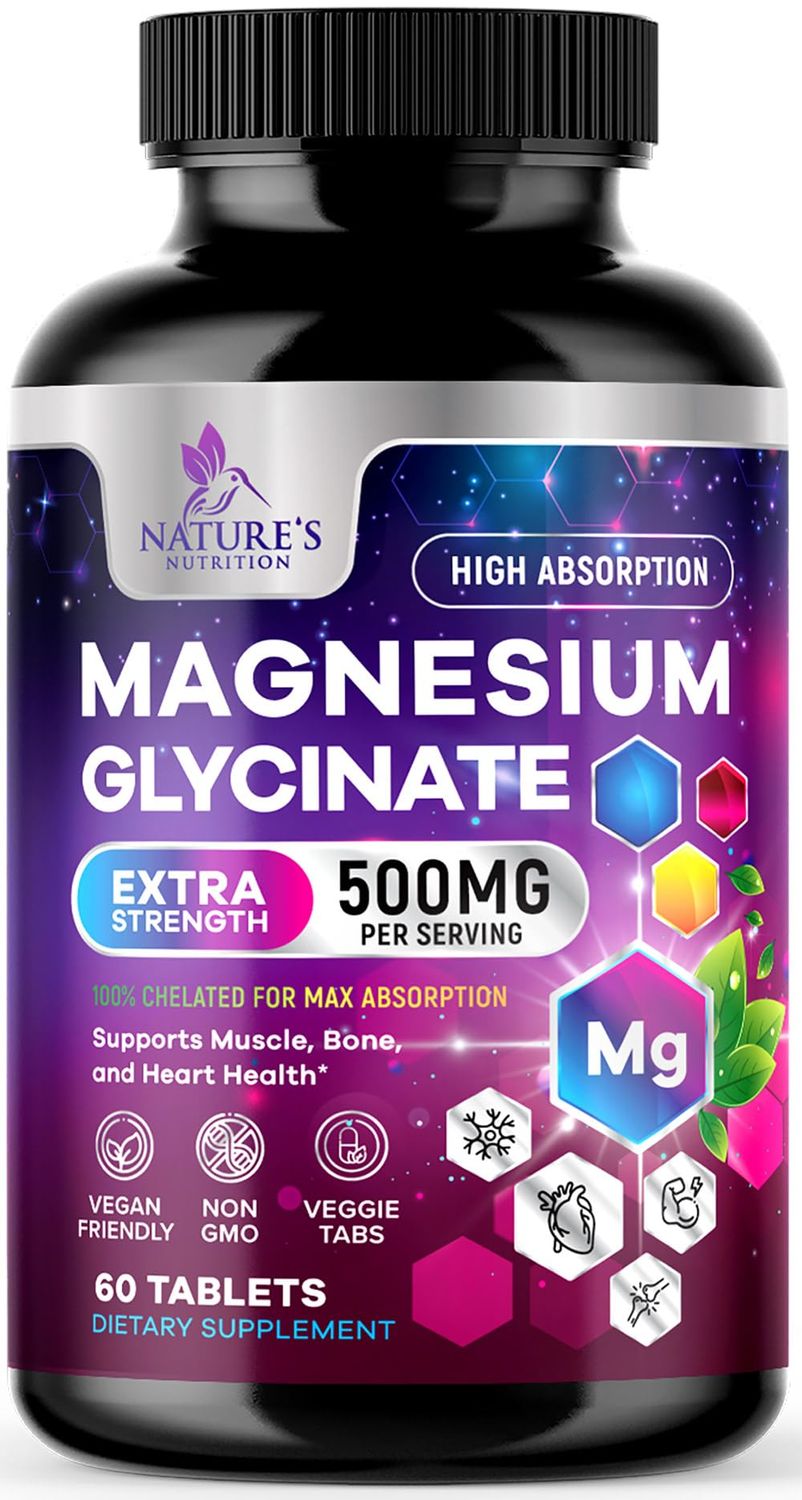 Magnesium Glycinate 500mg - Chelated for Ultra Absorption - Supports Bone, Muscle, Nerves Heart Health, Nature&#39;s Sleep Support, Best Magnesium Supplement Pills for Whole Body Support - 60 Tablets
