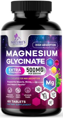 Magnesium Glycinate 500mg - Chelated for Ultra Absorption - Supports Bone, Muscle, Nerves Heart Health, Nature&#39;s Sleep Support, Best Magnesium Supplement Pills for Whole Body Support - 60 Tablets
