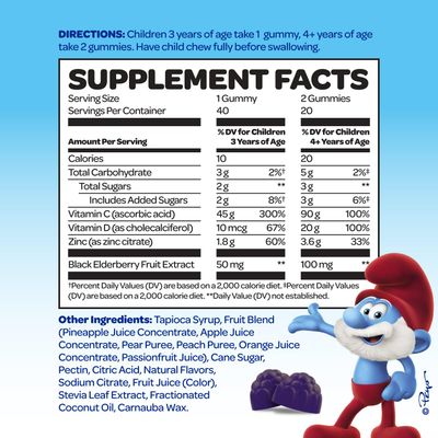 Smurfs Kids Immune Support Gummies Black Elderberry Vitamin C and Zinc Kids Immunity Gummies Made with Real Fruit Doctor Developed Non-GMO No Artificial Flavors or Colors 40 Gummies