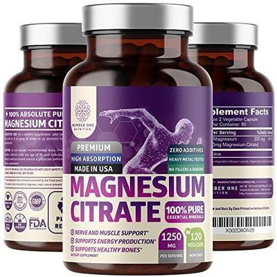 Pure Magnesium Citrate Capsules 1250mg, Easily Absorbed and Purified Trace Mineral for Muscle and Digestive Support, 120 Caps