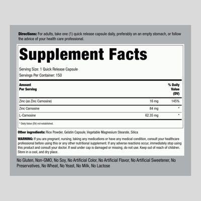 Piping Rock Zinc Carnosine Supplement 84mg 150 Capsules Non-GMO, Gluten Free