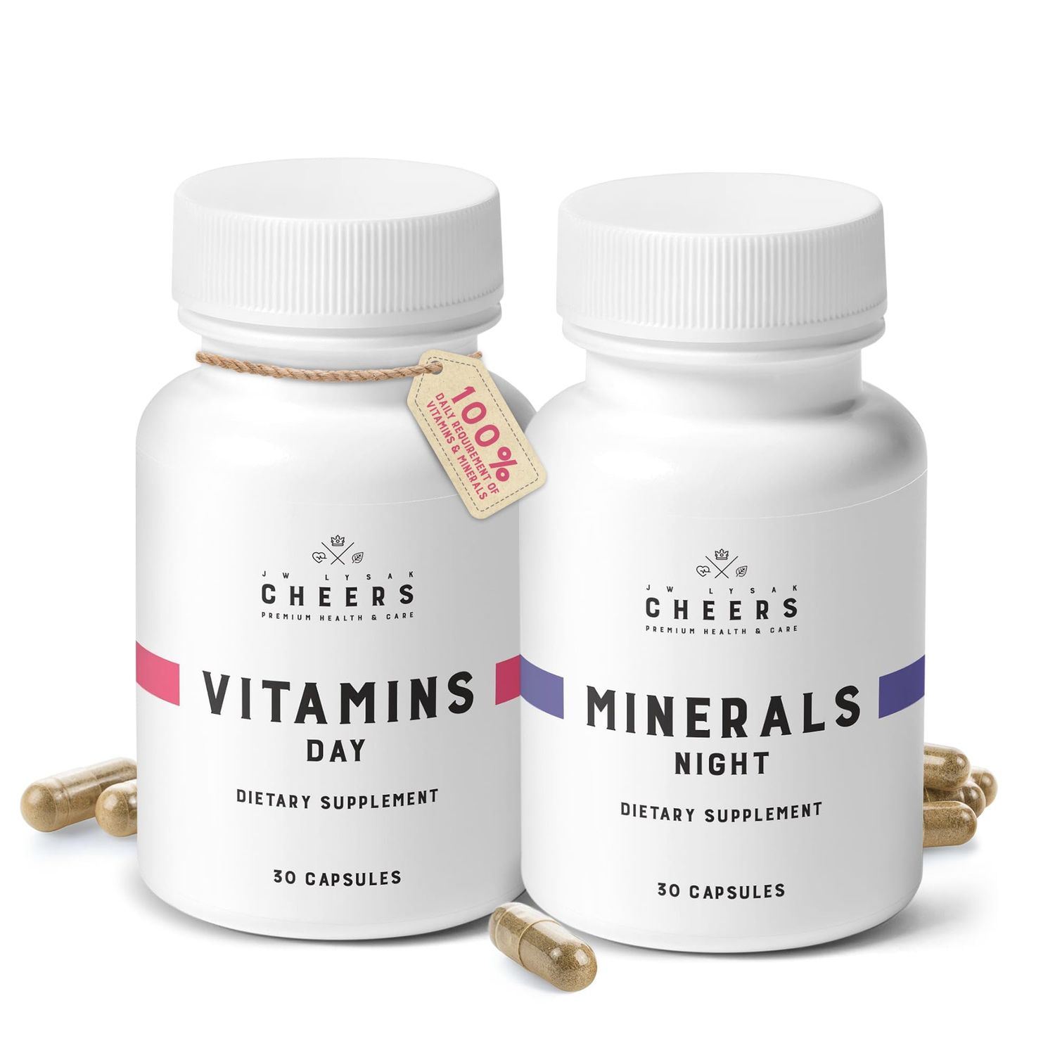 CHEERS - Vitamins Day with 12 Vitamins for Men Women Minerals Night Magnesium Supplements 30 Capsules Each - Covers 100 of Daily Requirement Plus Iron, Zinc and More, Complete Multivitamins