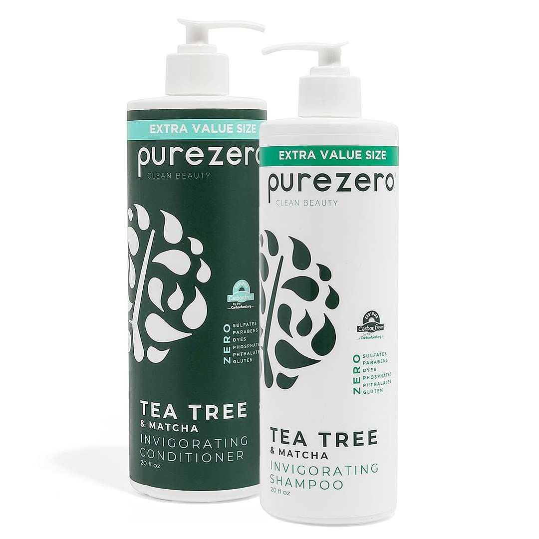 Purezero 20 oz Tea Tree Matcha Shampoo and Conditioner Set - Nourishing Invigorating Scalp Treatment - Zero Sulfates, Parabens, Dyes Vegan and Cruelty Free