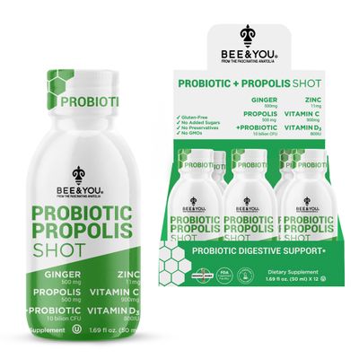 Bee and You Propolis Immune Shot, Probiotic, Vitamin C, Vitamin D3, Zinc, Ginger, Immune Support, Gut Health, Digestive Health, Bioactive 1.69 Fl. oz, 12 Pack