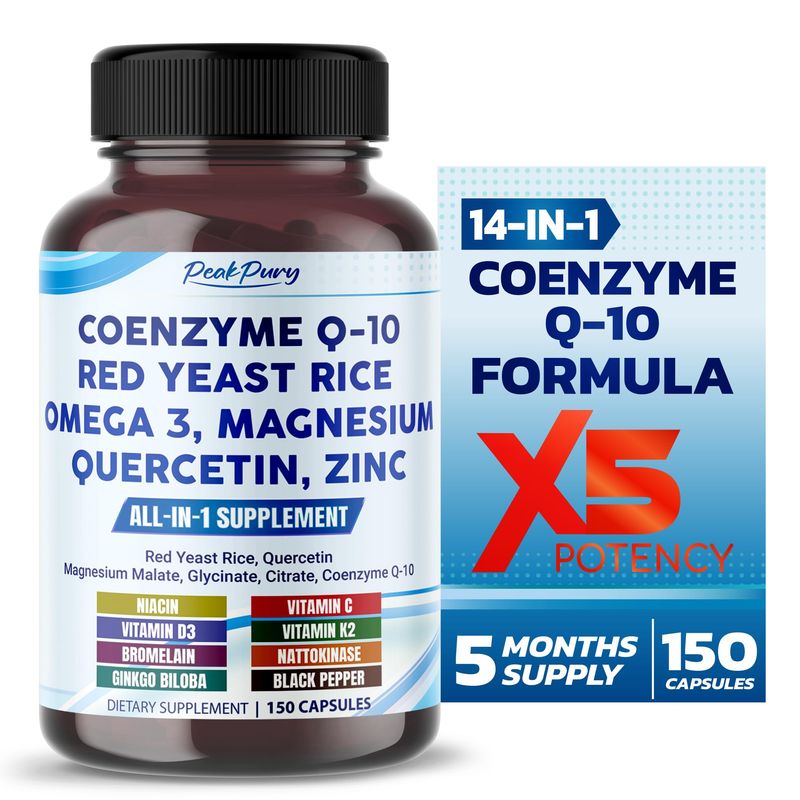 PEAKPURY Coenzyme Q-10 Red Yeast Rice Quercetin Magnesium Malate, Glycinate, Citrate - Made in USA