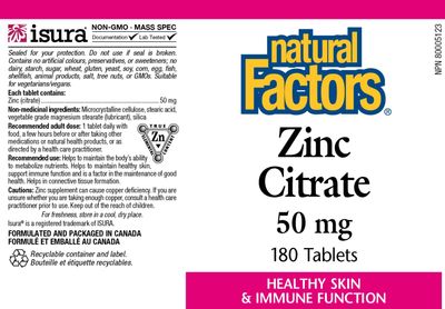 Natural Factors - Zinc Citrate 50mg, Support for Healthy Skin Immune Function, 180 Tablets