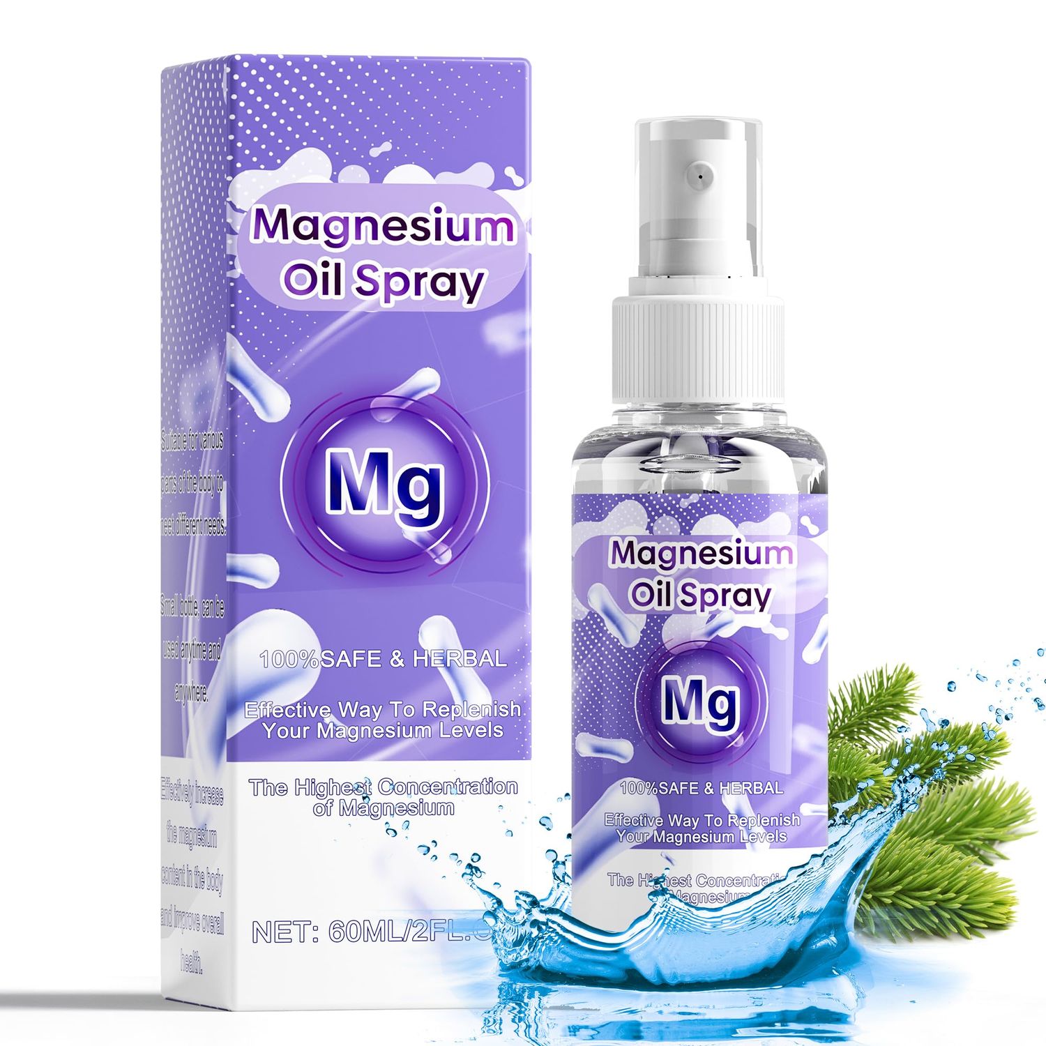 Magnesium Oil Spray, 100 Organic Magnesium Spray, Pure Magnesium Oil Fast Absorbent, Magnesium Chloride Oil Spray for Feet Body, Nourish Skin and Promote Sleep(60ml)