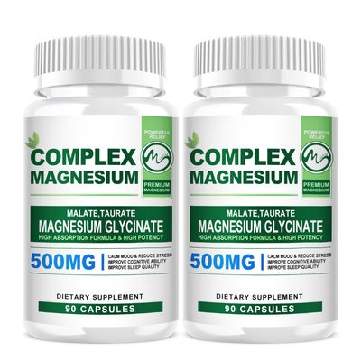 2 Pack Magnesium Complex Capsules 500MG, Blend with Magnesium Glycinate, Taurate, Malate - 180 Capsules
