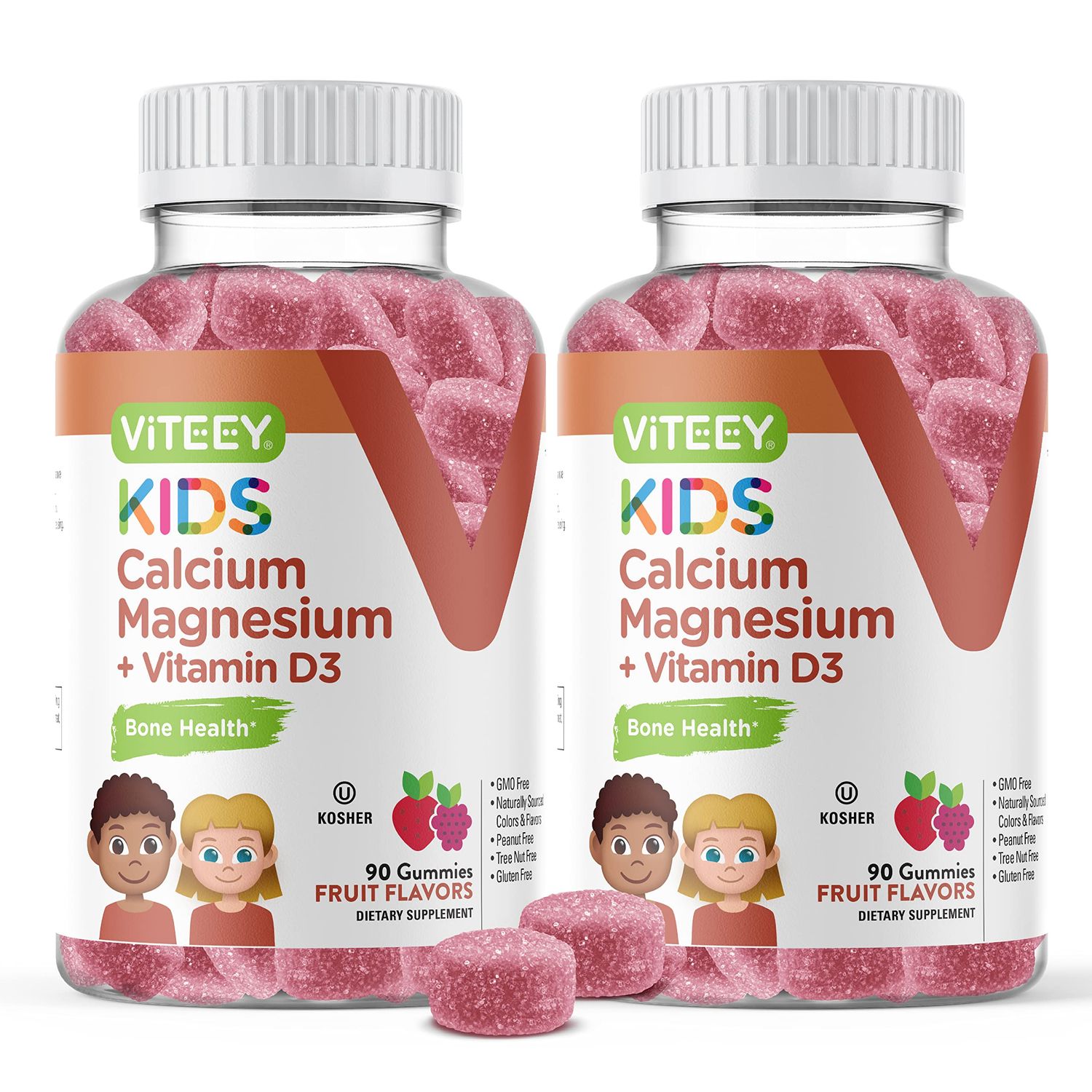 Kids Calcium Gummies Vitamin D3 Magnesium Citrate for Kids and Teens - Supports Bone Health, Immune Support, Energy Muscle Function - Gluten Free, GMO Free - Tasty Chewable Fruit Flavored Gummy